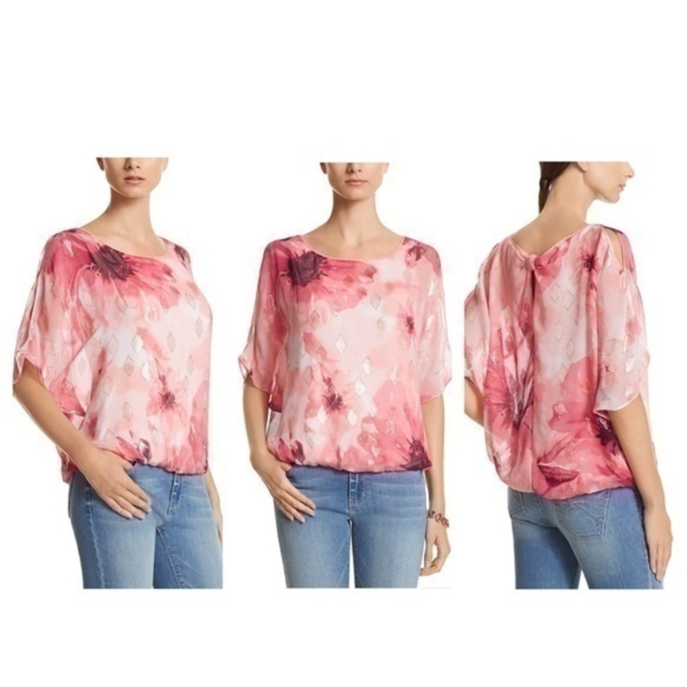 WHBM pink white watercolor silk floral top S17
